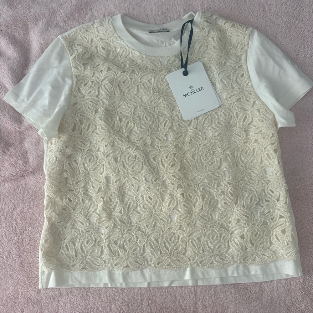 Moncler White and Cream Lace Short Sleeve Tee